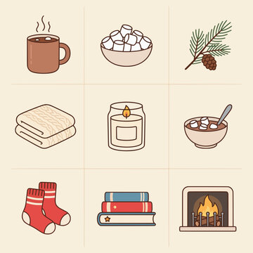 Cozy Winter Comfort Items Flat Illustration Set