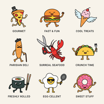 Cartoon Food Characters Showcasing Diverse Cuisine Styles