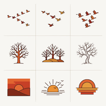 Autumn Birds Flying over Bare Trees Sunset Scenery Illustration