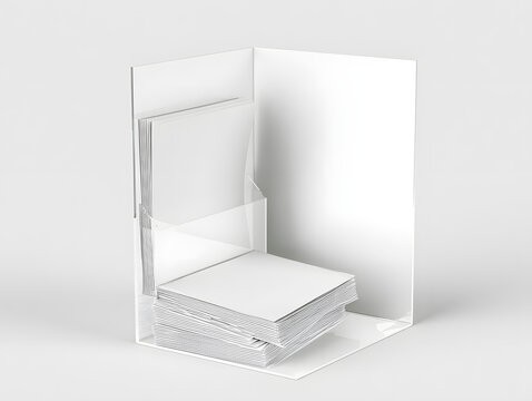 A mockup for a blank brochure holder featuring stacked brochures against a backdrop. Ideal for corporate branding, marketing collateral, retail promotions, office displays, and print advertising showc