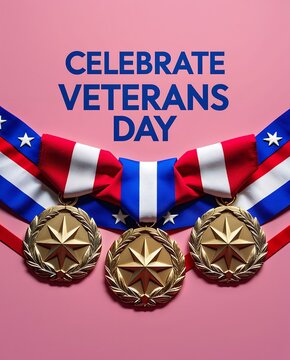 Three gold medals with patriotic ribbons for veterans day celebration