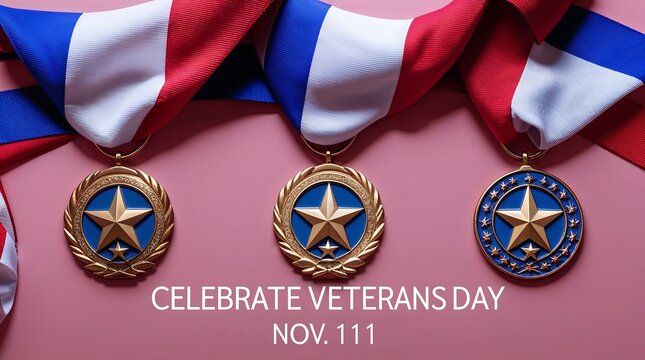 Three gold medals with stars and red white and blue ribbons for veterans day