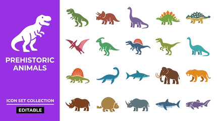 Dinosaur and prehistoric animal icon collection in colorful flat style © Royal Studio