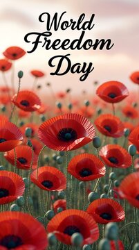 World freedom day concept with vibrant red poppy flowers in a field