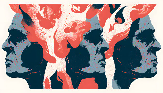 Three profiles viewed from the front, featuring an abstract brain illustration. Conceptualizes criminal psychology and mental health studies. Examines emotional states and behaviors, explores mental h