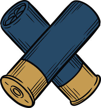 Two Blue Shotgun Shells Crossed on a White Background