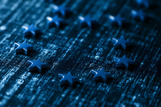 Over digital screens, the EU highlights the importance of cybersecurity, data protection, and GDPR. This involves regulating privacy and ensuring secure information networks.