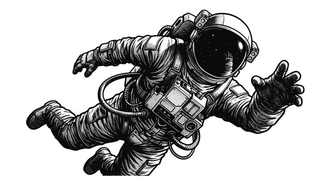 Astronaut in a detailed vintage illustration style suit floating in outer space with stars and nebulae in the background