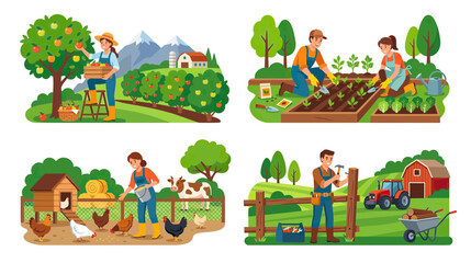 Naklejka premium Farm life illustration: harvest, gardening, poultry, and construction