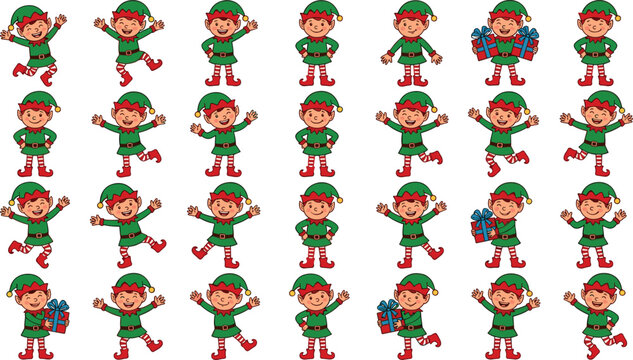 Christmas elf cartoon character poses colorful vector set featuring cute holiday helper waving dancing and holding gift boxes