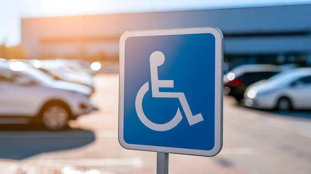 A detailed look at the blue and white handicap parking sign in the shopping center parking lot on a bright day, showcasing accessibility, public facility photography with blurred cars