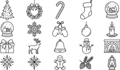 Christmas holiday outline icon set featuring christmas tree wreath snowman gingerbread man reindeer snow globe vector illustration © Prodip