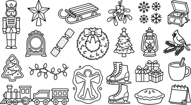 Christmas holiday elements line art icon set with nutcracker wreath sled train snowflakes skates gingerbread lantern vector illustration