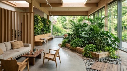 Fototapeta premium Serene modern interior lounge with lush indoor plants and natural wood accents creating a tranquil biophilic design