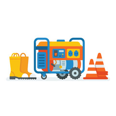 Fototapeta premium A colorful vector illustration showing a portable power generator next to a pair of yellow boots and two orange traffic cones on a white background.