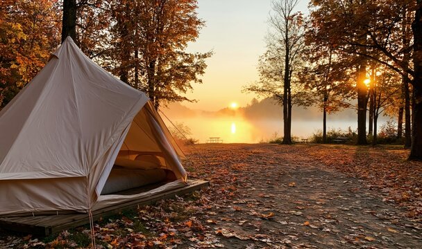 Camping tent by a serene forest lake during a golden autumn sunrise in nature