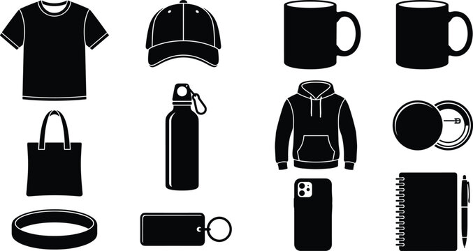 Promotional Product Mockup Collection with T Shirt Cap Mug Hoodie Tote Bag Bottle and Branding Vector Illustration Set