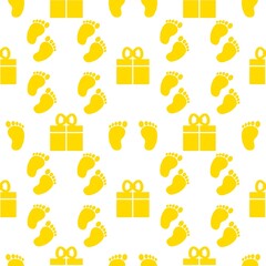 Baby footprint and gift box seamless pattern. Baby footstep seamless background. Birthday baby illustration background. Baby symbol repeat pattern
