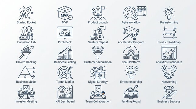 Comprehensive collection of startup business, finance, and corporate management outline icons set