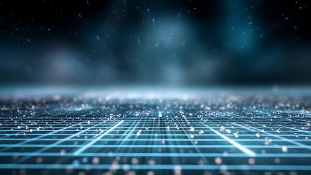 Futuristic digital landscape with glowing grid lines extending into a misty horizon, evoking advanced technology and virtual reality. Abstract blue light effects create a sense of innovation and depth