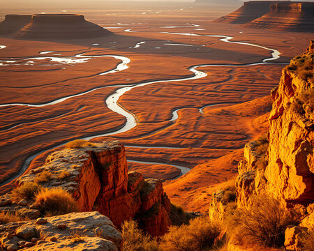 Rivi&egrave;re sinueuse traversant un paysage d&eacute;sertique aux formations rocheuses rouges et orang&eacute;es sculpt&eacute;es par l'&eacute;rosion sous une lumi&egrave;re naturelle intense