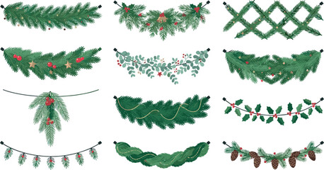Obraz premium Christmas pine garland vector icon set featuring winter holiday evergreen borders mistletoe holly berries and decorative pinecones