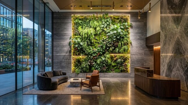 Modern office lobby interior featuring a large vertical living green wall with lush plants and contemporary seating area