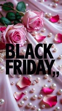 Black friday sale banner with pink roses and pearls on silk fabric