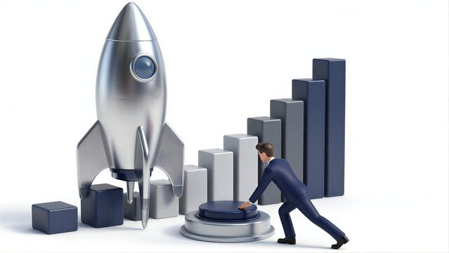 Businessman presses button to launch rocket, symbolizing startup success and growth.