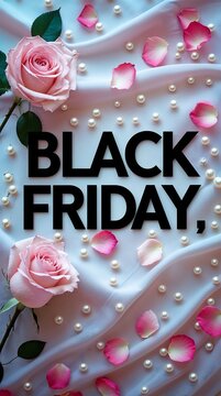 Black friday sale banner with pink roses, petals, and pearls on fabric