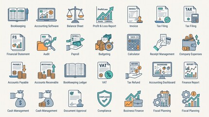 Fototapeta premium Comprehensive collection of modern vector icons depicting financial accounting, corporate business management, auditing, and fiscal planning processes
