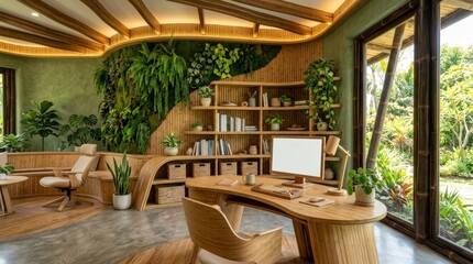 Fototapeta premium Serene eco-friendly office interior with lush green living wall and natural wood furniture