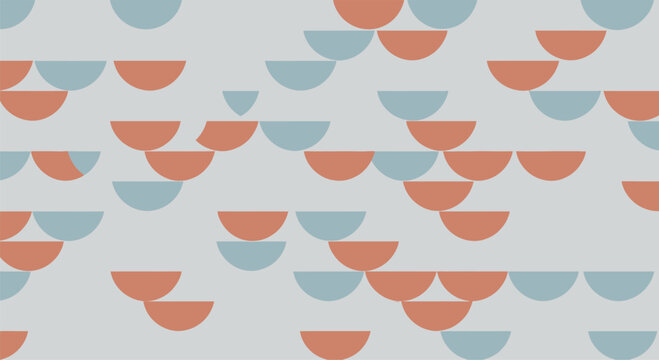 Minimalist geometric pattern featuring terracotta and dusty blue semicircle shapes arranged in horizontal staggered rows on a neutral gray background. Modern abstract vector illustration.