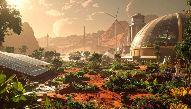 Sustainable Future - Lush Martian Colony with Greenhouses and Renewable Energy.