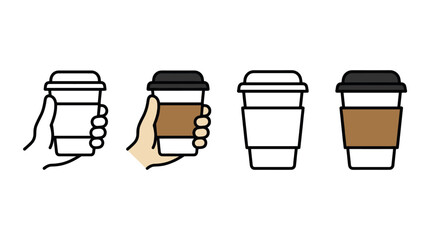 Takeaway drink icons and hand-held coffee cups. © tukang