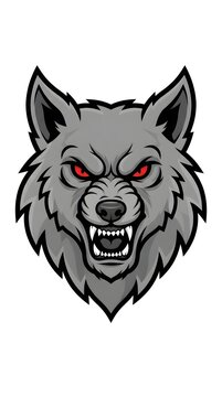 Aggressive grey wolf head mascot vector illustration with sharp teeth and glowing red eyes, isolated on white background. Perfect for esports team, gaming logo, apparel design, or sports emblem