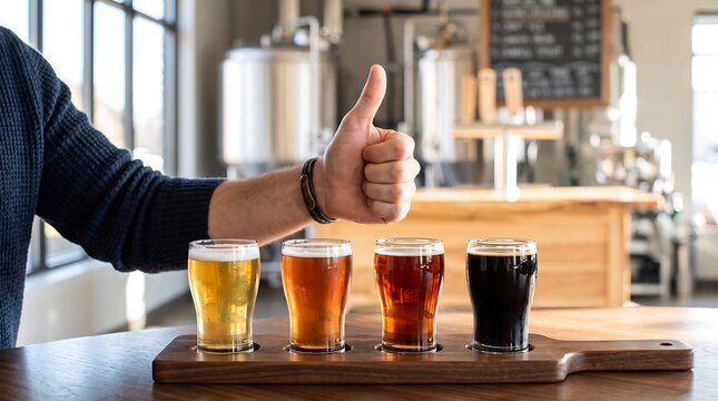 Thumbs up gesture behind craft beer flight tasting in a brewery