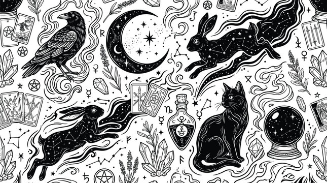 Mystical occult seamless pattern flat vector illustration with celestial symbols, tarot cards, animals,