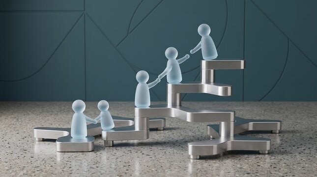 3D glass figures helping each other climb abstract metal stairs