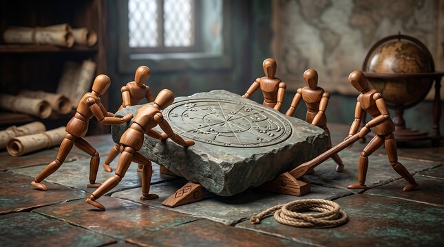 Wooden mannequins moving carved stone block with levers