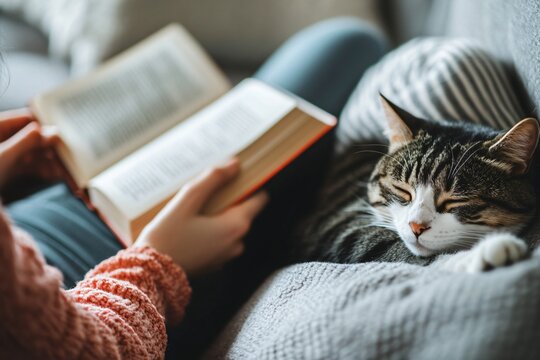Cozy Reading at Home with Sleeping Tabby Cat Relaxing on Sofa Beside Open Book