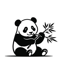 Obraz premium A silhouette of a giant panda cub playing with a bamboo twig.