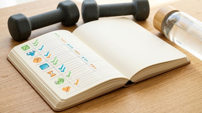 Open notebook with hand drawn fitness schedule on wooden table. Workout tracker with blank page and dumbbells. Healthy lifestyle planning concept