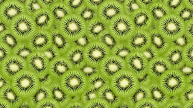 Seamless kiwi slice pattern featuring vibrant green kiwi cross sections with realistic black seeds and juicy fruit details. This tileable fruit texture creates a fresh, natural repeating background 