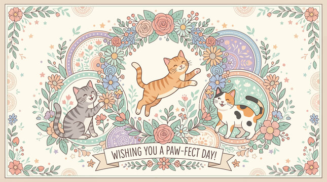 Whimsical floral wreaths featuring playful cats with a cheerful message for a paw fect day with conveying joyful festive mood decorative circles conveying