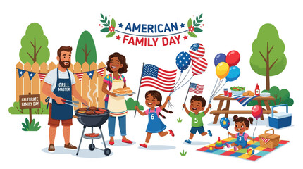 Fototapeta premium Colorful american family day celebration with kids bbq balloons with outdoor picnic setup sunny day celebration with celebration