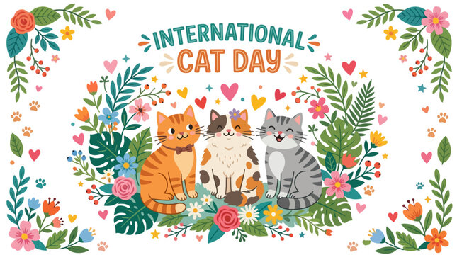 Colorful illustration celebrating international cat day with playful cats with three cheerful cats surrounded vibrant flowers leaves festive colorful design