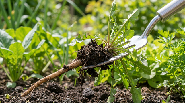 Weeding tool extracting a dandelion root from the soil. Gardening and weed control concept