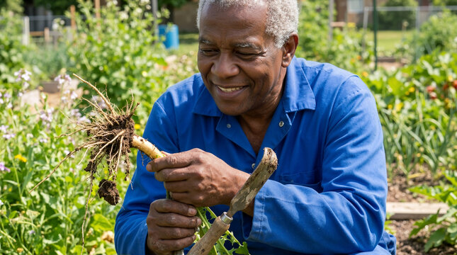 Senior Black man holding extracted dandelion root in garden. Happy senior gardener with weed control tool