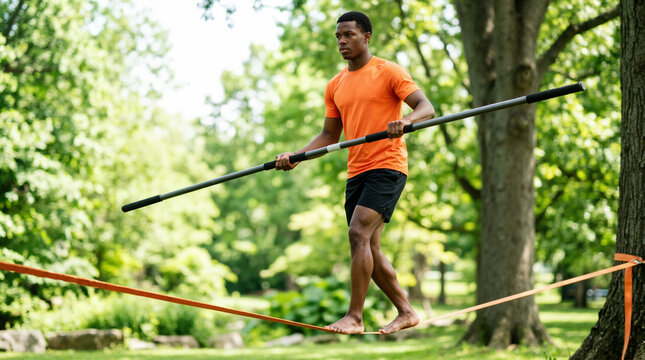Young Black man balancing on a slackline in a park. Athletic male walking barefoot on tightrope holding a long balance pole outdoors
